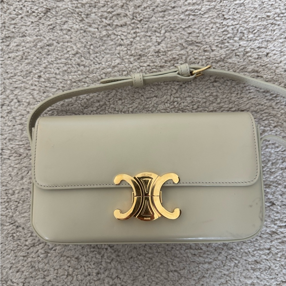 authentic Celine Triomphe Calfskin Cream with Gold Hardware